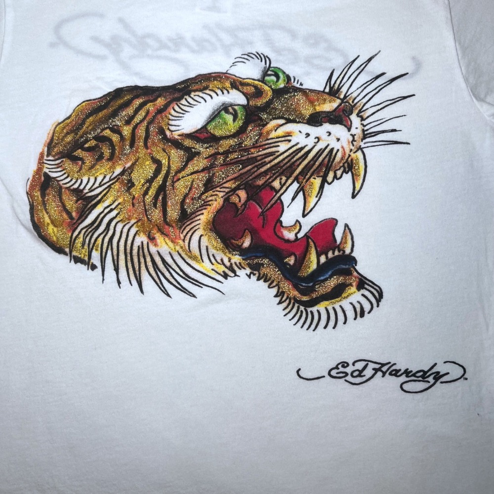 Ed Hardy Christian Audigier Tiger Glitter Graphic Tee White Y2K Women Large - Picture 3 of 6